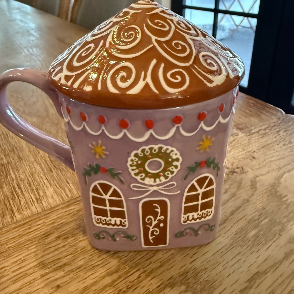 Anthropologie Purple and Brown Gingerbread House Mug Rare